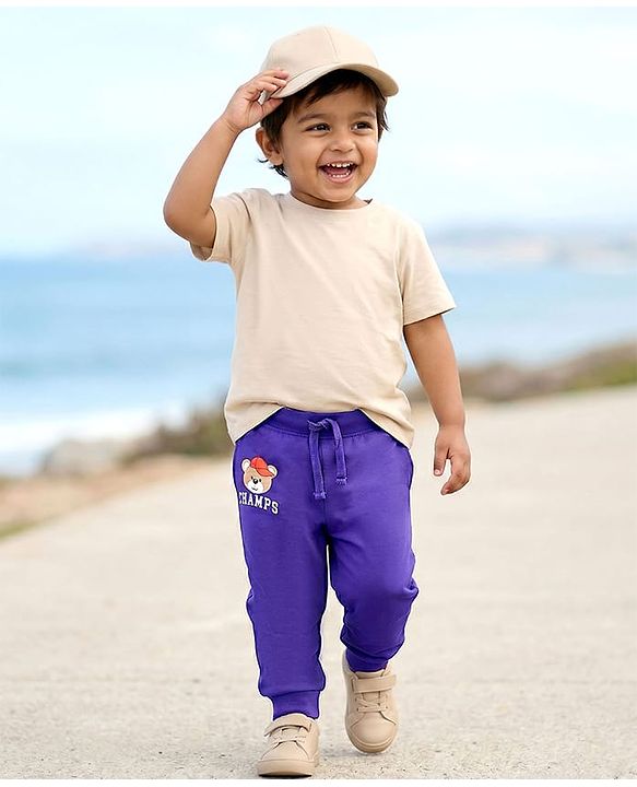 Babyhug Cotton Knit Full Length Lounge Pant With Teddy Bear Print - Purple