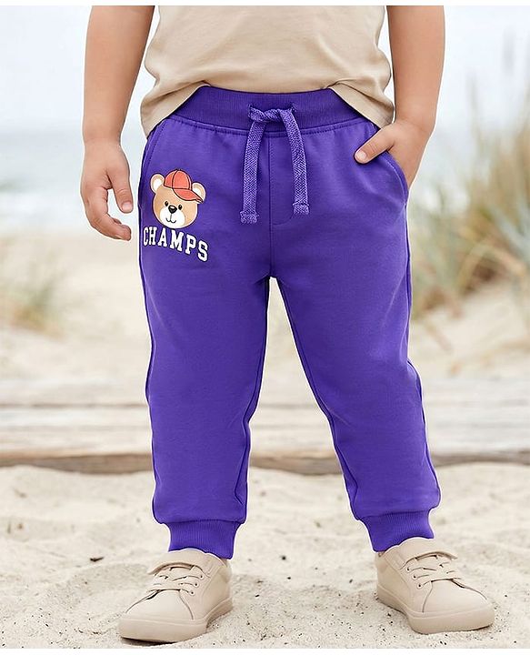 Babyhug Cotton Knit Full Length Lounge Pant With Teddy Bear Print - Purple