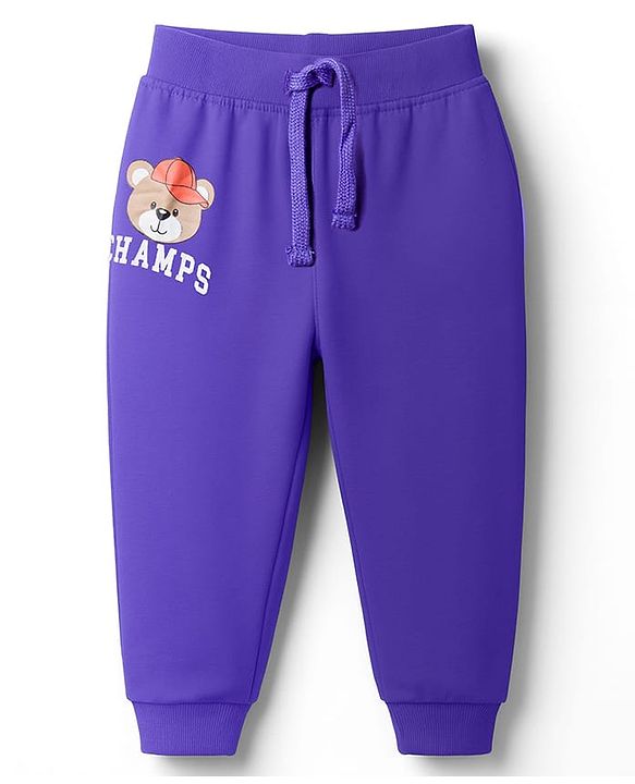 Babyhug Cotton Knit Full Length Lounge Pant With Teddy Bear Print - Purple
