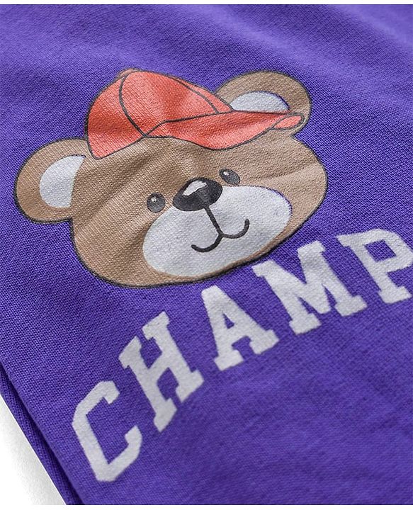 Babyhug Cotton Knit Full Length Lounge Pant With Teddy Bear Print - Purple