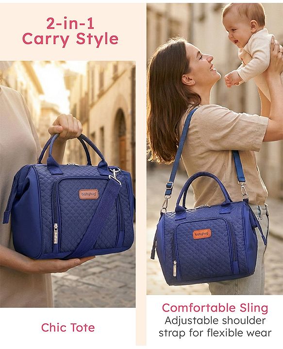 Babyhug 2 in 1 Quilted Spacious & Multifunctional Tote Cum Sling Diaper Bag  - Blue