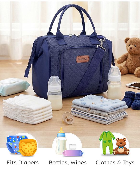 Babyhug 2 in 1 Quilted Spacious & Multifunctional Tote Cum Sling Diaper Bag  - Blue