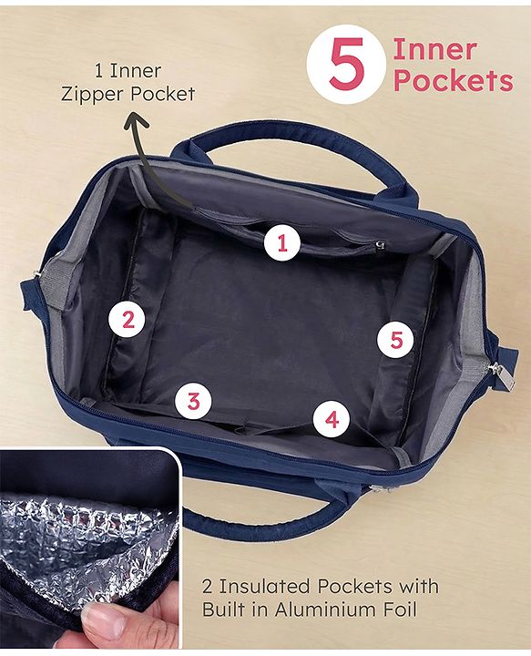 Babyhug 2 in 1 Quilted Spacious & Multifunctional Tote Cum Sling Diaper Bag  - Blue