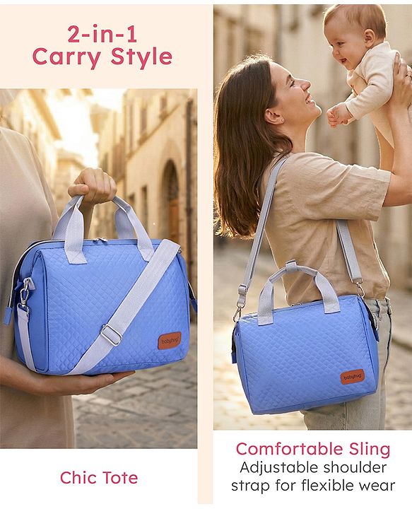 Babyhug 2-in-1 Quilted Sling cum Tote Diaper Bag for Travel | Spacious, Stylish & Multifunctional | Adjustable Shoulder Strap| 3 Insulated Bottle Pouches| Water Resistant| Carry Handle- Blue
