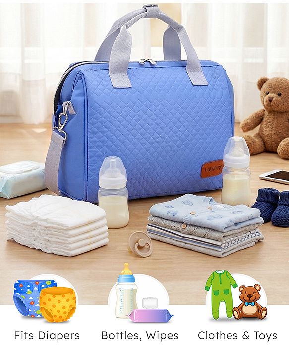Babyhug 2-in-1 Quilted Sling cum Tote Diaper Bag for Travel | Spacious, Stylish & Multifunctional | Adjustable Shoulder Strap| 3 Insulated Bottle Pouches| Water Resistant| Carry Handle- Blue