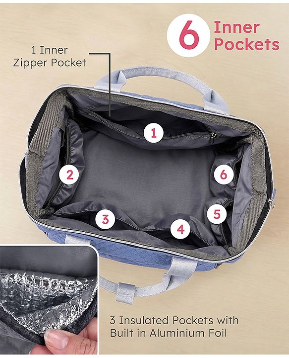 Babyhug 2-in-1 Quilted Sling cum Tote Diaper Bag for Travel | Spacious, Stylish & Multifunctional | Adjustable Shoulder Strap| 3 Insulated Bottle Pouches| Water Resistant| Carry Handle- Blue