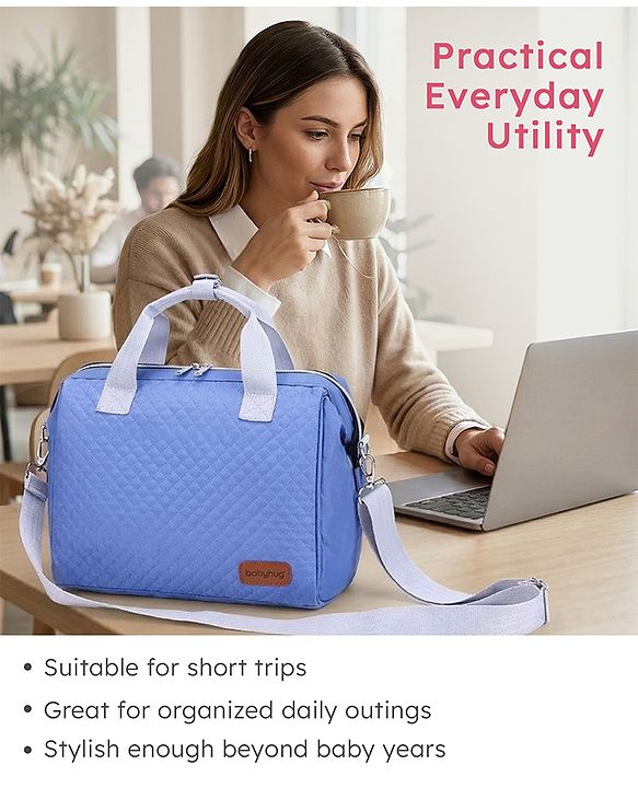 Babyhug 2-in-1 Quilted Sling cum Tote Diaper Bag for Travel | Spacious, Stylish & Multifunctional | Adjustable Shoulder Strap| 3 Insulated Bottle Pouches| Water Resistant| Carry Handle- Blue