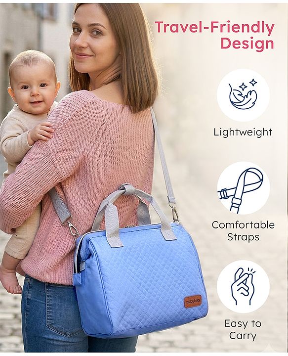 Babyhug 2-in-1 Quilted Sling cum Tote Diaper Bag for Travel | Spacious, Stylish & Multifunctional | Adjustable Shoulder Strap| 3 Insulated Bottle Pouches| Water Resistant| Carry Handle- Blue