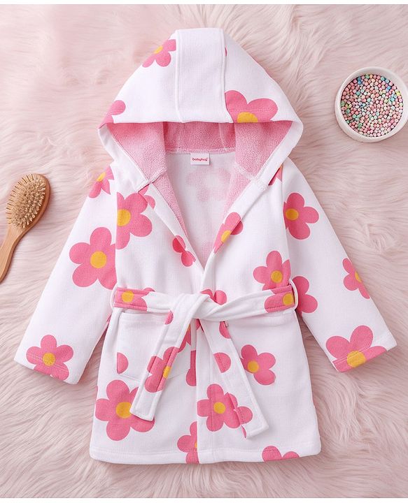 Babyhug Terry Knit Bathrobe with Hoodie & Floral Print - White