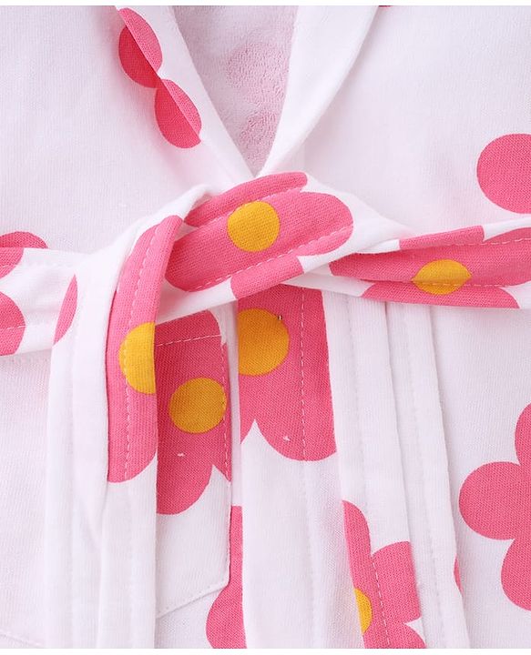 Babyhug Terry Knit Bathrobe with Hoodie & Floral Print - White
