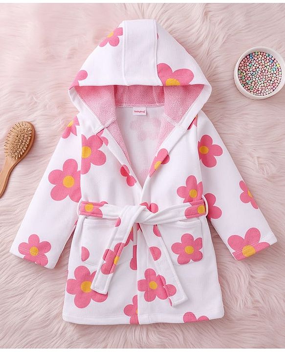 Babyhug Terry Knit Bathrobe with Hoodie & Floral Print - White