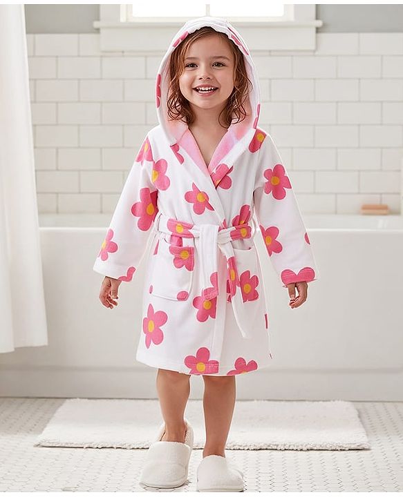 Babyhug Terry Knit Bathrobe with Hoodie & Floral Print - White