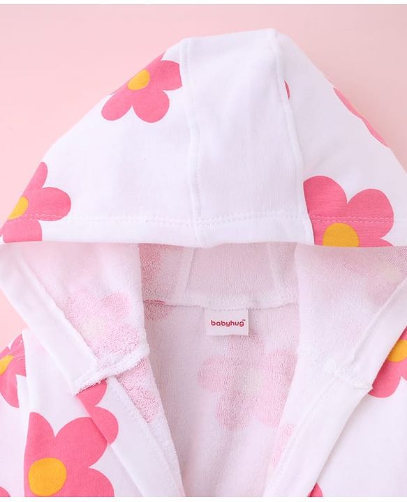 Babyhug Terry Knit Bathrobe with Hoodie & Floral Print - White