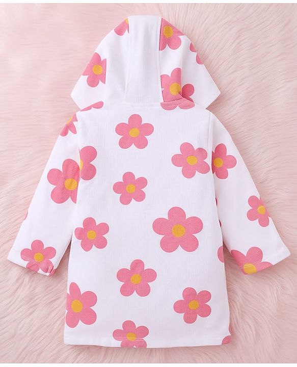 Babyhug Terry Knit Bathrobe with Hoodie & Floral Print - White