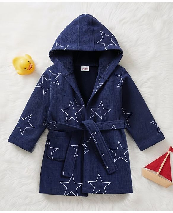 Babyhug Terry Knit Full Sleeves Hooded Bathrobe with Star Print - Navy Blue