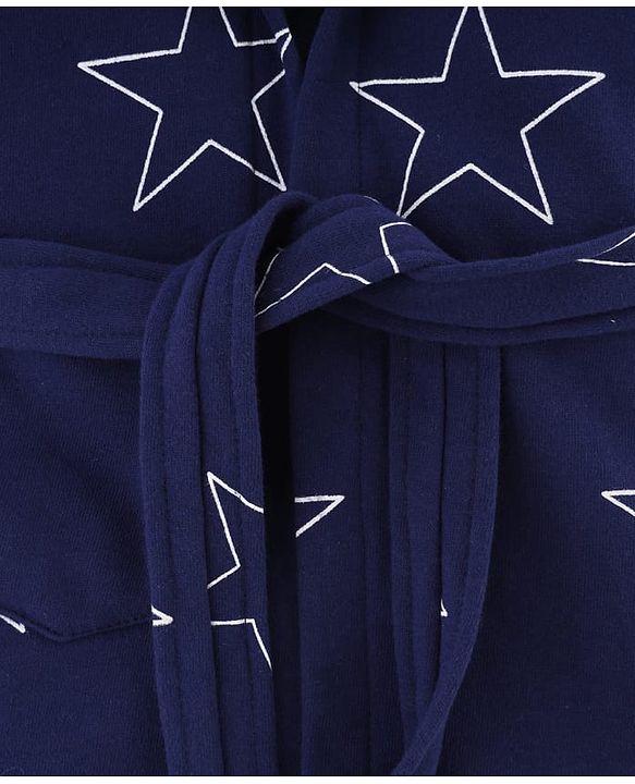 Babyhug Terry Knit Full Sleeves Hooded Bathrobe with Star Print - Navy Blue