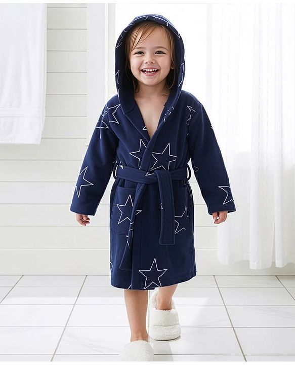Babyhug Terry Knit Full Sleeves Hooded Bathrobe with Star Print - Navy Blue