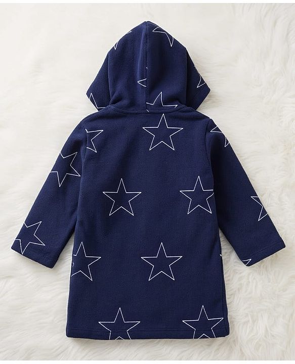 Babyhug Terry Knit Full Sleeves Hooded Bathrobe with Star Print - Navy Blue