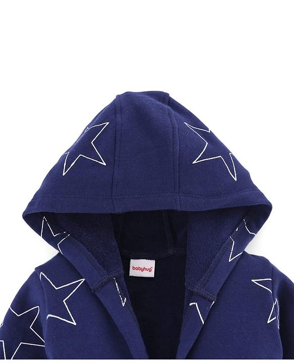 Babyhug Terry Knit Full Sleeves Hooded Bathrobe with Star Print - Navy Blue