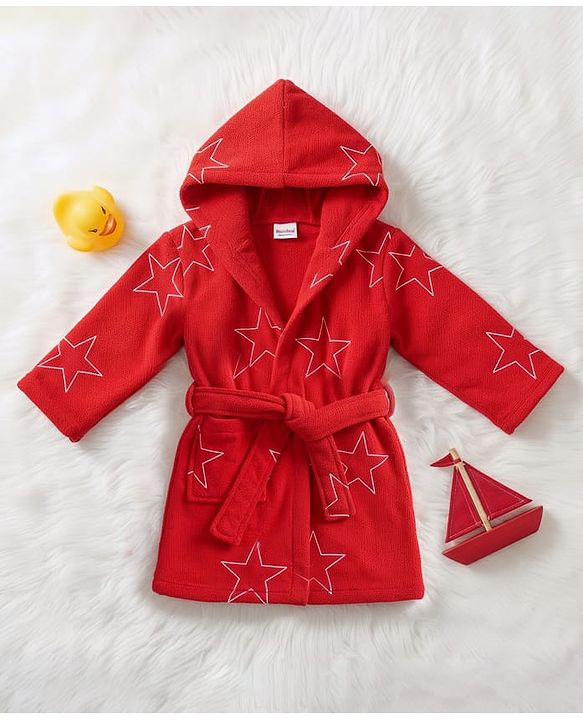 Babyhug Terry Knit Full Sleeves Hooded Bathrobe with Star Print - Red