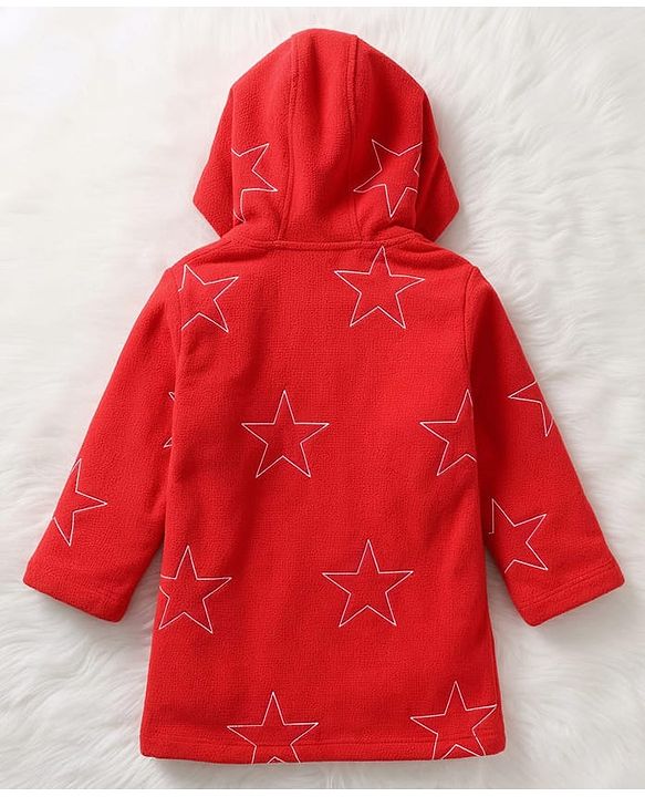 Babyhug Terry Knit Full Sleeves Hooded Bathrobe with Star Print - Red