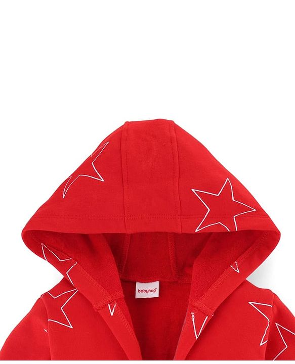 Babyhug Terry Knit Full Sleeves Hooded Bathrobe with Star Print - Red