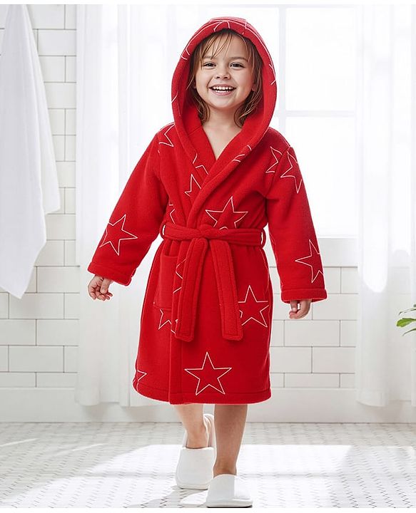 Babyhug Terry Knit Full Sleeves Hooded Bathrobe with Star Print - Red
