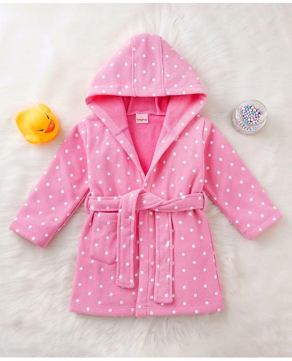 Babyhug Terry Knit Full Sleeves Hooded Bathrobe with Polka Dot Print - Pink