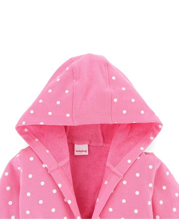 Babyhug Terry Knit Full Sleeves Hooded Bathrobe with Polka Dot Print - Pink