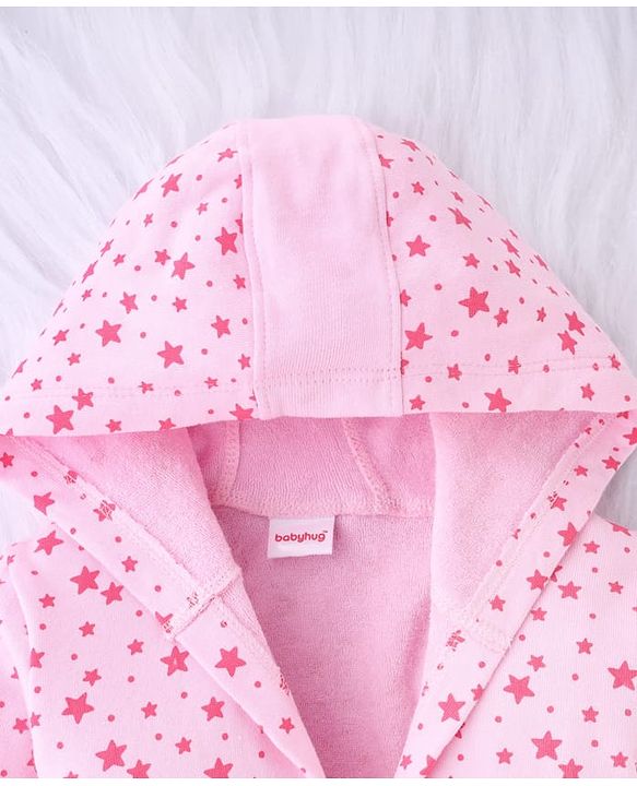 Babyhug Terry Knit Bathrobe with Hoodie & Star Print - Pink