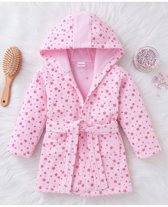 Babyhug Terry Knit Bathrobe with Hoodie & Star Print - Pink