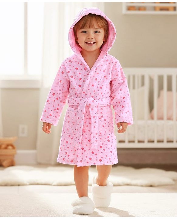 Babyhug Terry Knit Bathrobe with Hoodie & Star Print - Pink
