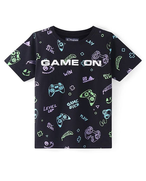 Pine Kids Cotton Knit Half Sleeves T-Shirt With Text Print - Black