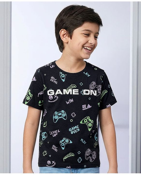Pine Kids Cotton Knit Half Sleeves T-Shirt With Text Print - Black