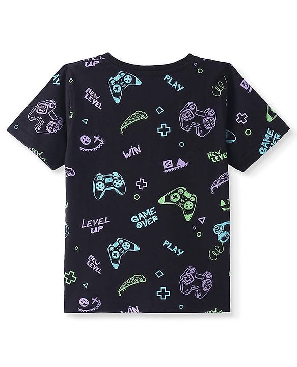 Pine Kids Cotton Knit Half Sleeves T-Shirt With Text Print - Black