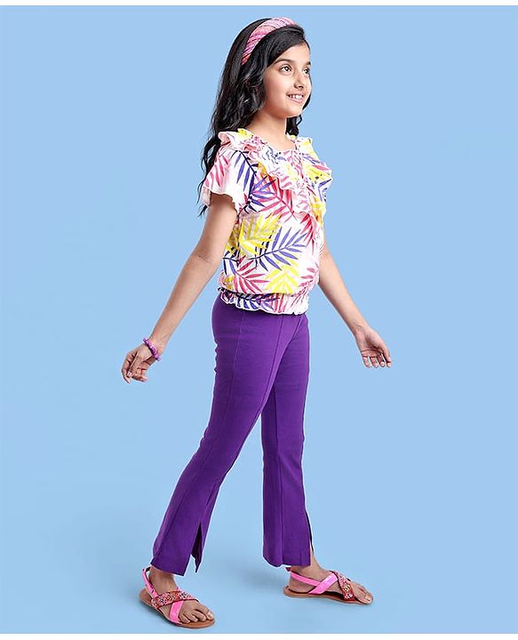 Pine Kids Cotton Knit Half Sleeves T-Shirt With Leaves Print - Multicolour