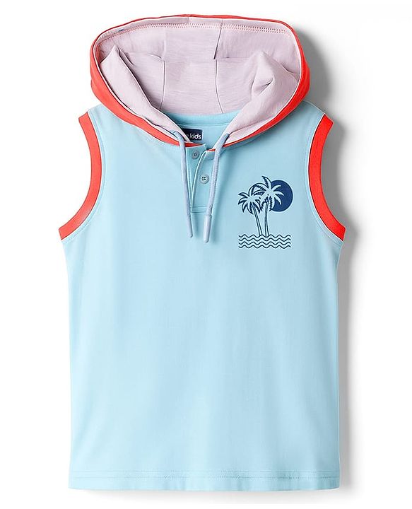 Pine Kids Cotton Knit Sleeveless Hooded T-Shirt With Tree Print - Blue