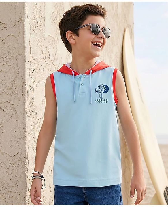 Pine Kids Cotton Knit Sleeveless Hooded T-Shirt With Tree Print - Blue