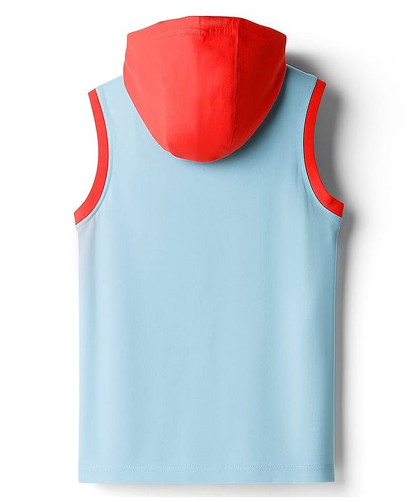 Pine Kids Cotton Knit Sleeveless Hooded T-Shirt With Tree Print - Blue