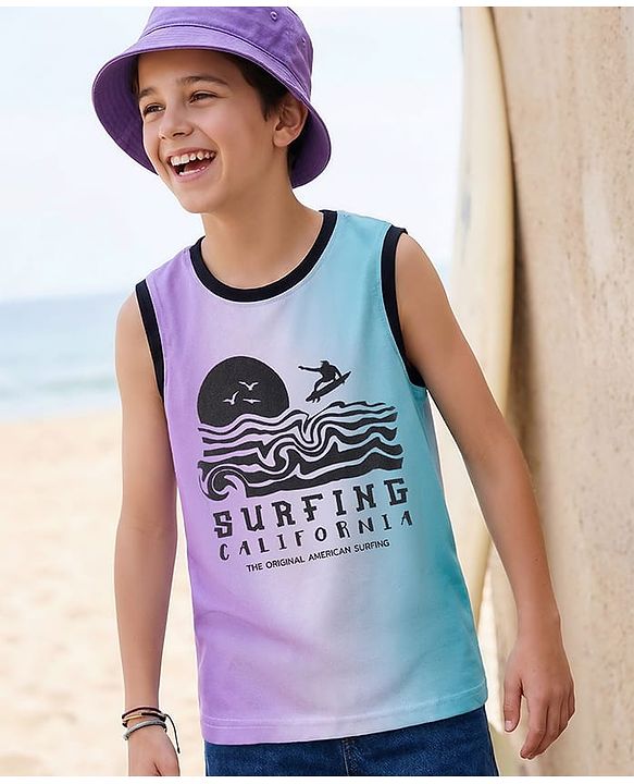 Pine Kids Cotton Knit Sleeveless T-Shirt With Text Print - Light Blue