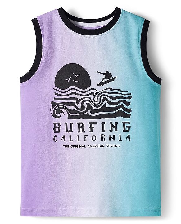 Pine Kids Cotton Knit Sleeveless T-Shirt With Text Print - Light Blue