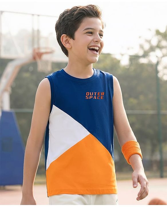 Pine Kids Cotton Knit Sleeveless T-Shirt With Cut & Sew Design - Navy Blue