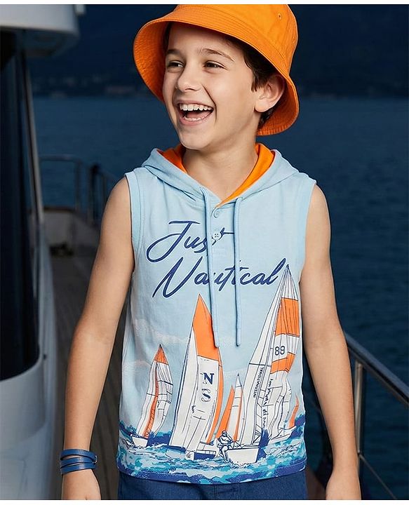 Pine Kids Cotton Knit Sleeveless Hooded T-Shirt With Text Print - Light Blue
