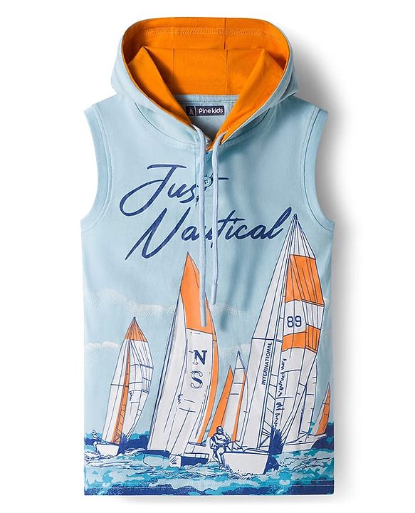 Pine Kids Cotton Knit Sleeveless Hooded T-Shirt With Text Print - Light Blue
