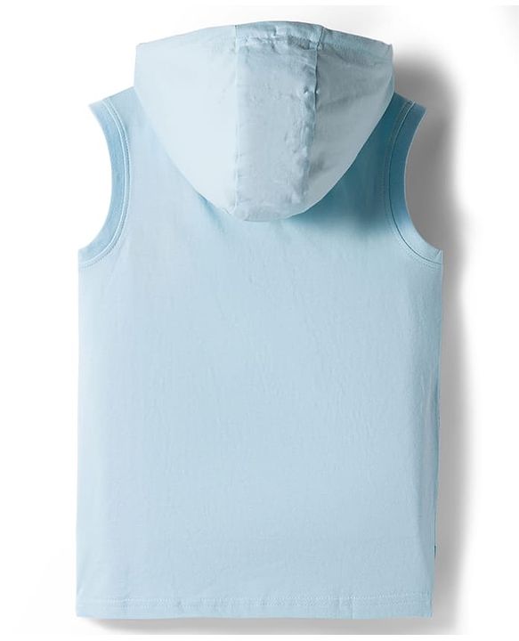 Pine Kids Cotton Knit Sleeveless Hooded T-Shirt With Text Print - Light Blue