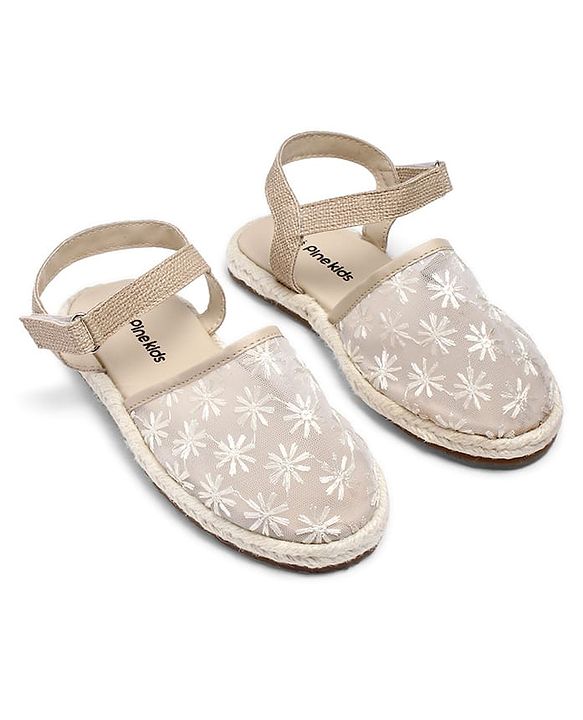 Pine Kids Velcro Closure Floral Embroidered Mojaris - Beige