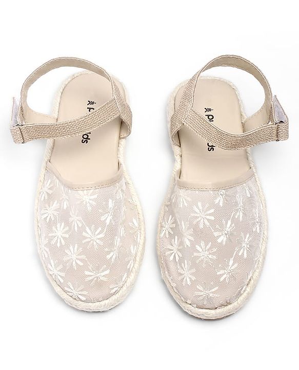 Pine Kids Velcro Closure Floral Embroidered Mojaris - Beige
