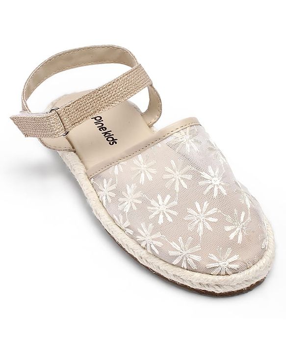 Pine Kids Velcro Closure Floral Embroidered Mojaris - Beige