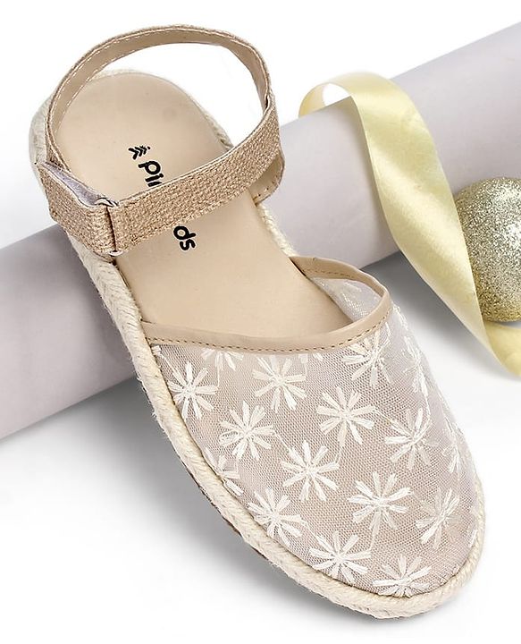 Pine Kids Velcro Closure Floral Embroidered Mojaris - Beige