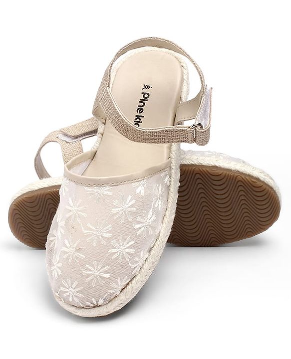 Pine Kids Velcro Closure Floral Embroidered Mojaris - Beige